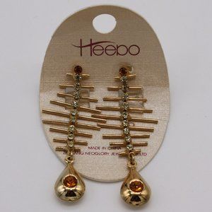 Heebo Unique Gold Tone and Crystal Dangle Earrings New on Card